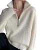The new autumn and winter sweater is loose and thick, with a fashionable design sense. It is a solid-color knitted sweater with a lapel and zipper for women's wear Item Picture